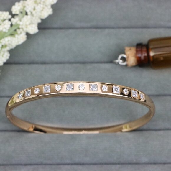 Rose Gold Plated Bangle with Alternating Round & Square Stones, XPBL0548 - Picture 9 of 12